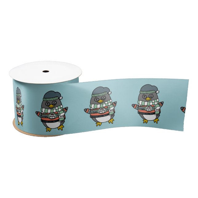 Cute Blue Penguin Print | Merry Christmas Gift Satin Ribbon (Spool)