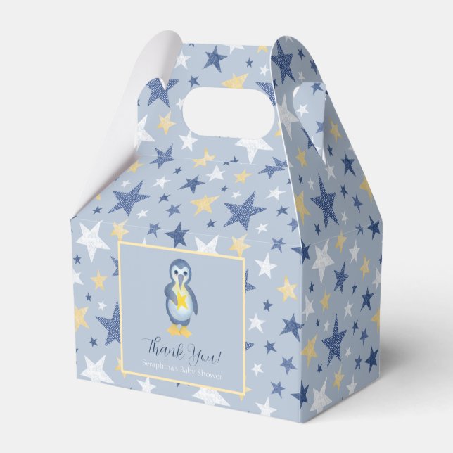 Cute Blue Penguin Stars Thank You Baby Shower Favor Boxes (Front Side)