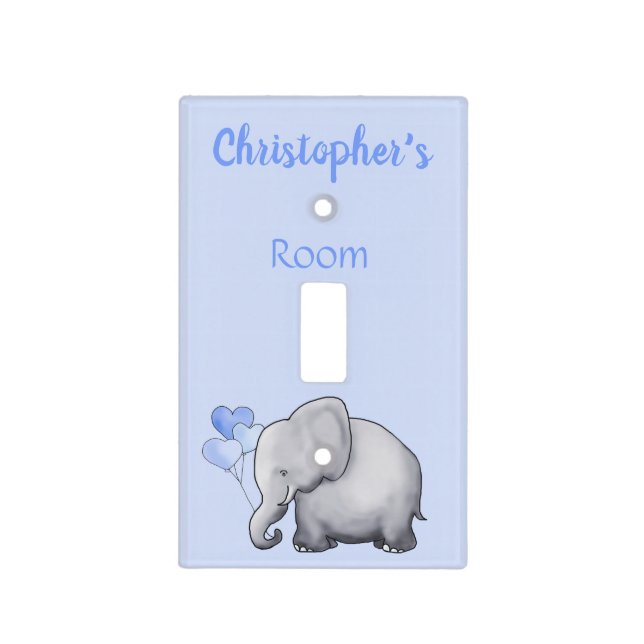 Cute Blue Personalized Elephant Baby Boy's Nursery Light Switch Cover (Front)