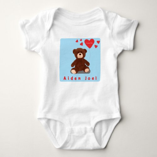 Cute Blue Personalized Teddy Bear with Balloon Baby Bodysuit