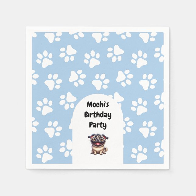 Cute Blue Pet Pug Birthday Party Napkins (Front)