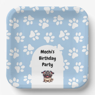 Cute Blue Pet Pug Birthday Party Paper Plates