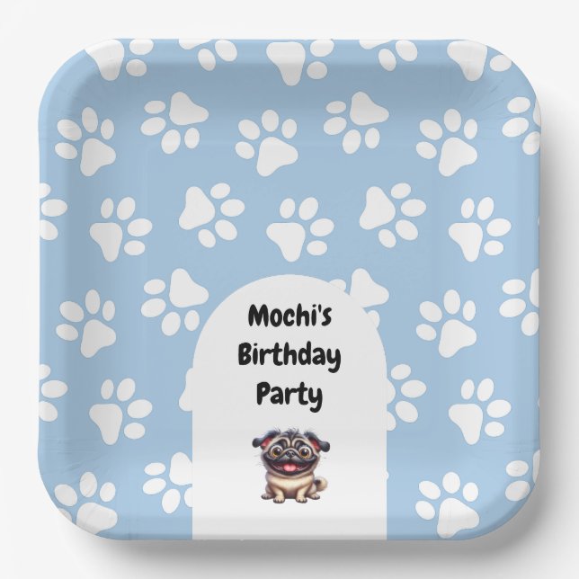 Cute Blue Pet Pug Birthday Party Paper Plates (Front)