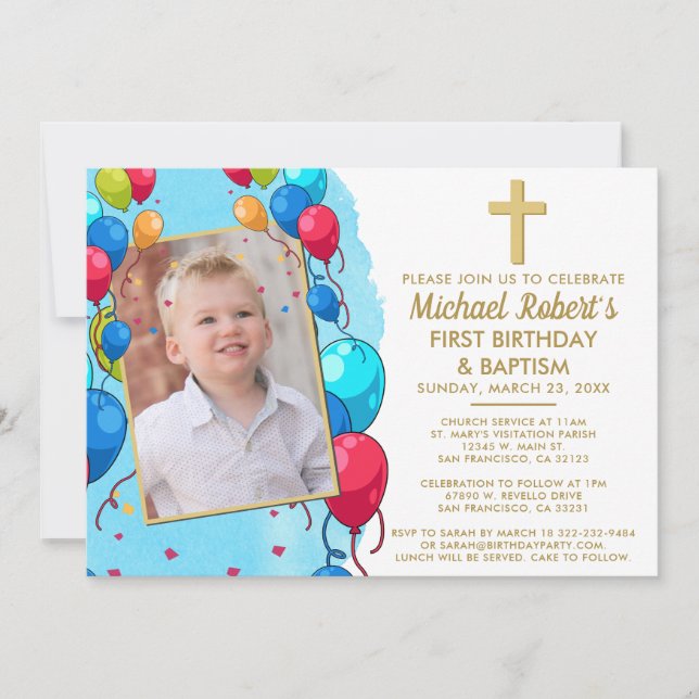 Cute Blue Photo Boy 1st Birthday Baptism Invitation (Front)
