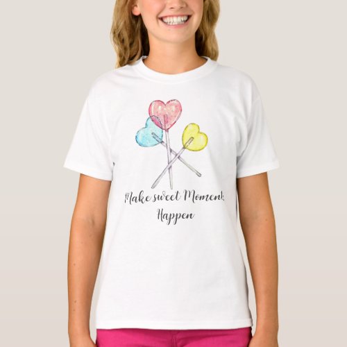 Cute Blue pink and yellow Heart lollipops T_Shirt