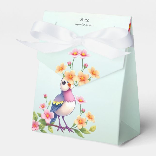 Cute Blue Pink Bird Floral Favor Box (Front Side)