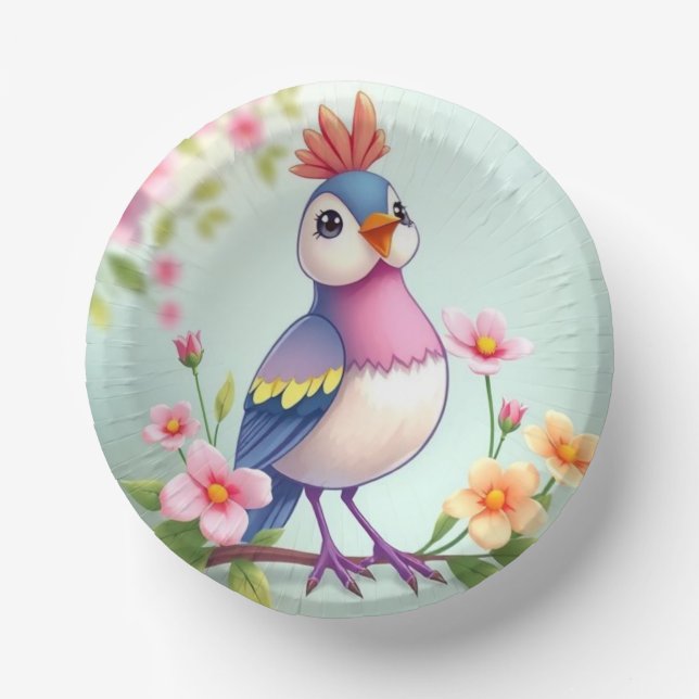 Cute Blue Pink Bird Floral Paper Bowl (Front)