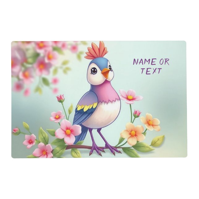 Cute Blue Pink Bird Floral Placemat (Front)