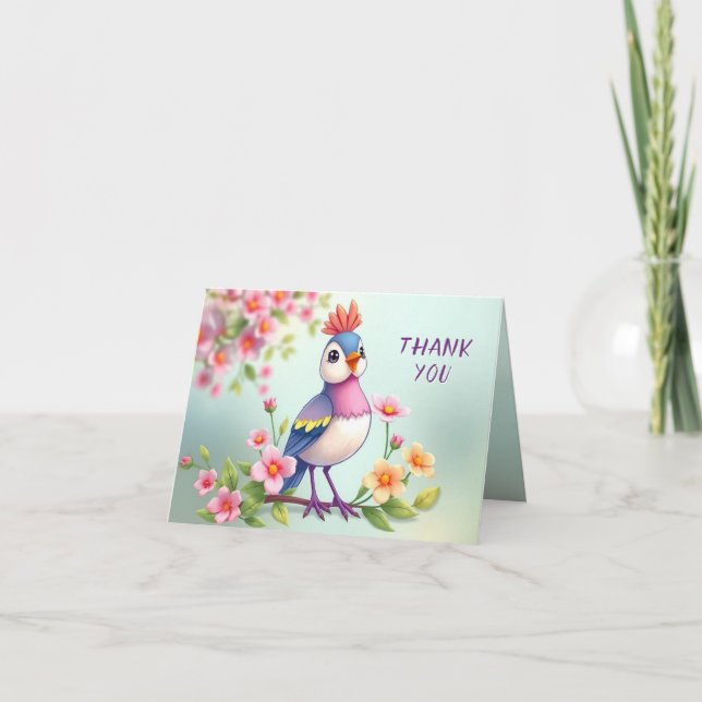 Cute Blue Pink Bird Floral Thank You Card (Front)
