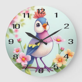 Cute Blue Pink Bird Floral Wall Clock