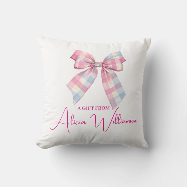 Cute Blue & pink Bow Personalized Gift From Throw Pillow (Front)