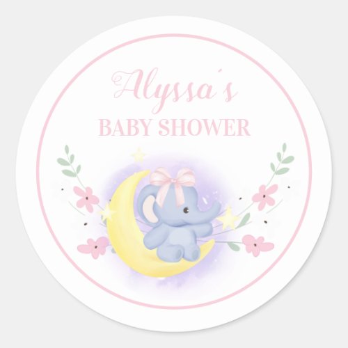 Cute Blue Pink Elephant Moon Baby Girl Shower Classic Round Sticker