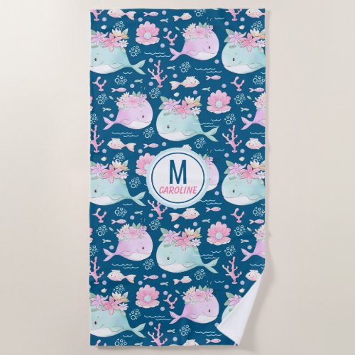 Cute Blue Pink Floral Whales Monogram Beach Towel