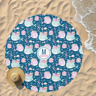 Cute Blue Pink Floral Whales Monogram Beach Towel