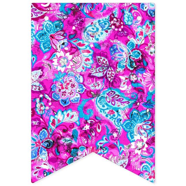 Cute blue pink flowers patterns bunting flags (First Flag)