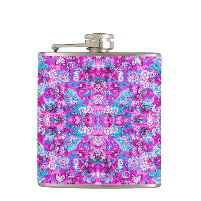 Cute blue pink flowers patterns flask (Front)