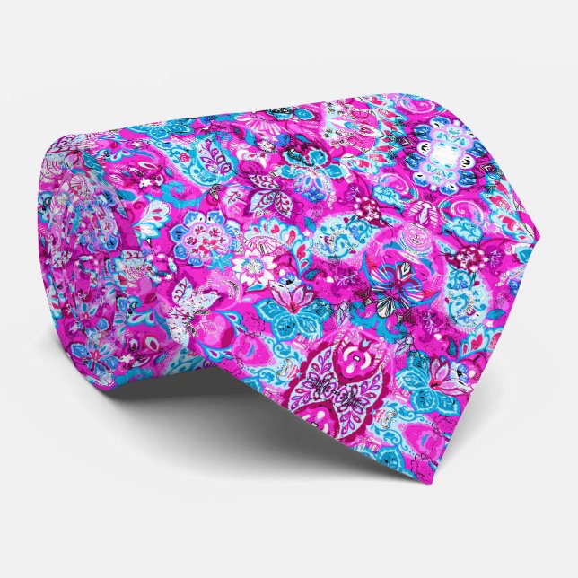 Cute blue pink flowers patterns neck tie (Rolled)