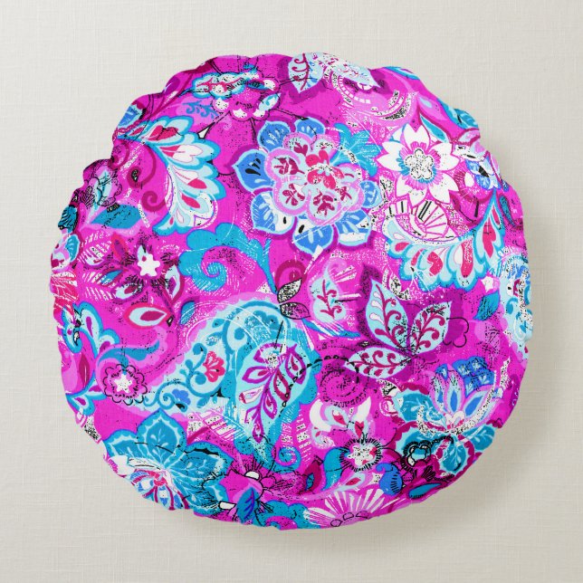 Cute blue pink flowers patterns round pillow (Front)