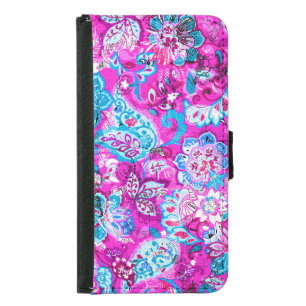 Cute blue pink flowers patterns wallet phone case for samsung galaxy s5