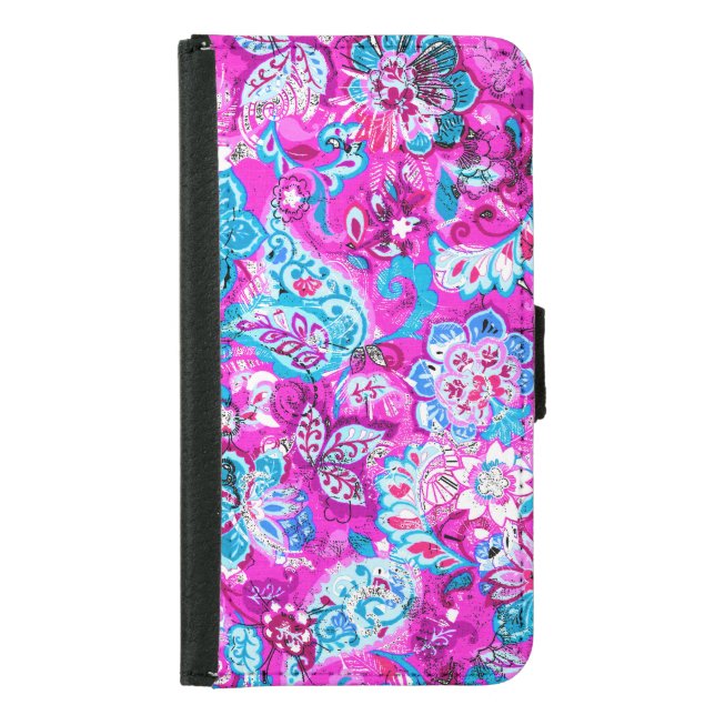 Cute blue pink flowers patterns samsung galaxy wallet case (Front)