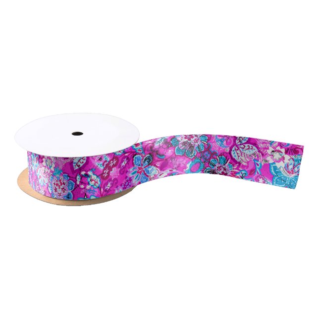 Cute blue pink flowers patterns satin ribbon (Spool)