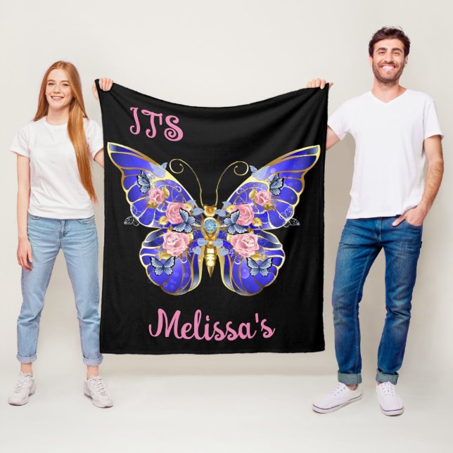 Cute Blue Pink Gold Butterfly Floral Name Birthday Fleece Blanket (In Situ)