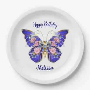 Cute Blue Pink Gold Butterfly Floral Name Birthday Paper Plates