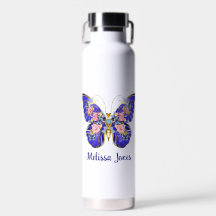Cute Blue Pink Gold Butterfly Floral Name