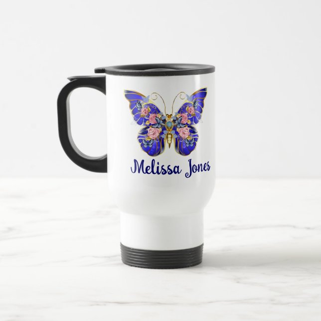 Cute Blue Pink Gold Butterfly Floral Name White Travel Mug (Left)