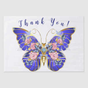 Cute Blue Pink Gold Butterfly Floral Thank You Tissue Paper