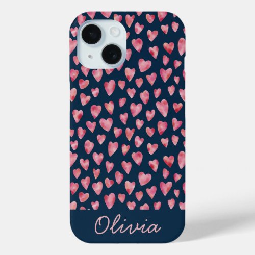 Cute Blue Pink Heart pattern personalized name iPhone 15 Case