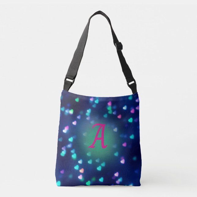 Cute Blue & Pink Hearts on Navy Blue Bokeh Tote (Front)