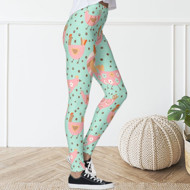Cute Blue Pink Hen Chicken Floral Leggings (Creator Uploaded)