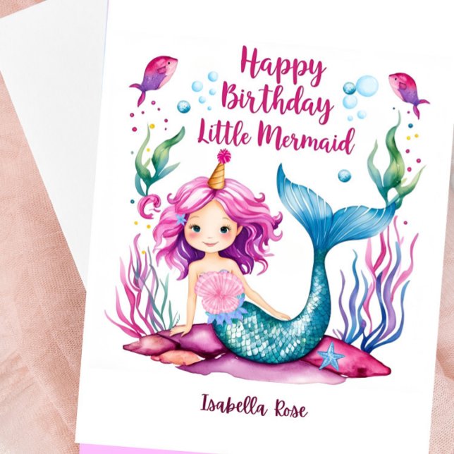 Cute Blue & Pink Mermaid Birthday Card For Girls (Personalized Mermaid Birthday Card)