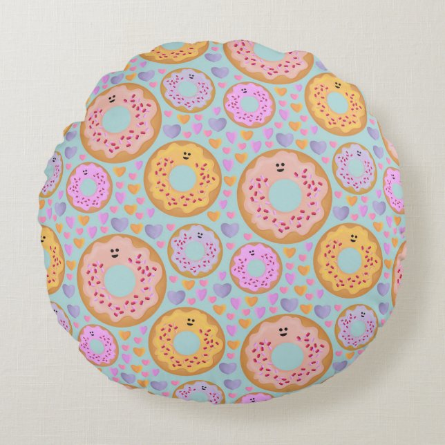 Cute Blue Pink Pastel Donuts & Hearts Round Pillow (Front)