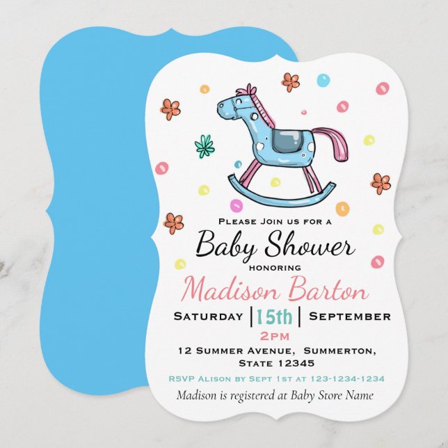 Cute Blue & Pink Rocking Horse Baby Shower Invitation (Front/Back)