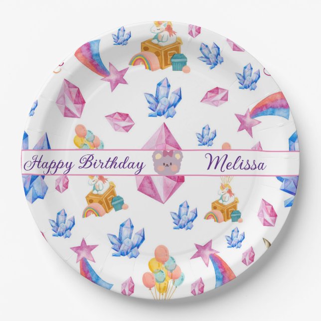 Cute Blue Pink Stars Birthday Unicorn Pattern Paper Plates (Front)