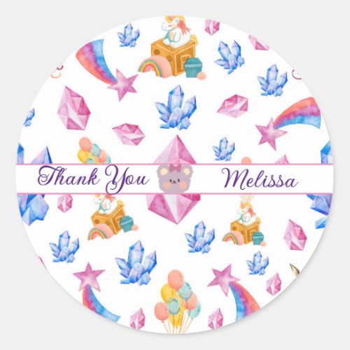 Cute Blue Pink Stars Thank You Unicorn Pattern Classic Round Sticker