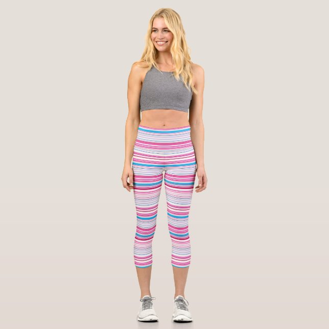 Cute blue pink stripes capri leggings (Front)