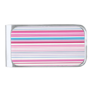 Cute blue pink stripes silver finish money clip