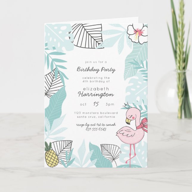 Cute Blue & Pink Tropical Summer Birthday Party Invitation (Front)