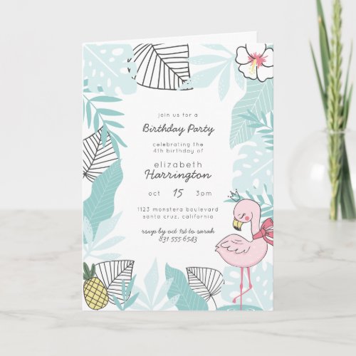 Cute Blue  Pink Tropical Summer Birthday Party Invitation