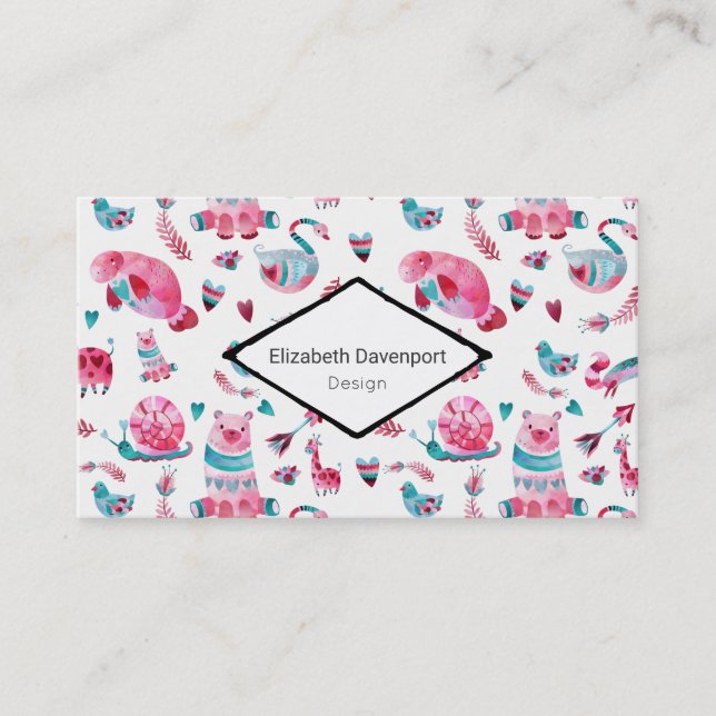 Cute Blue & Pink Watercolor Animal Pattern Business Card (Front)
