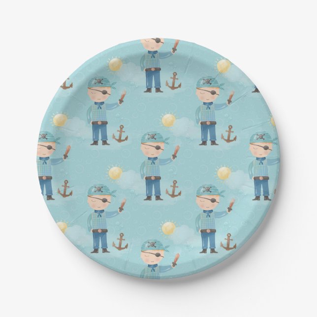 Cute Blue Pirate Boy Paper Plates (Front)