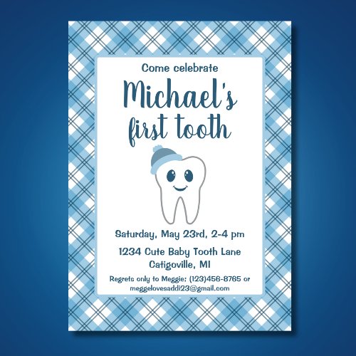 Cute Blue Plaid Baby Boys First Tooth Party Invitation