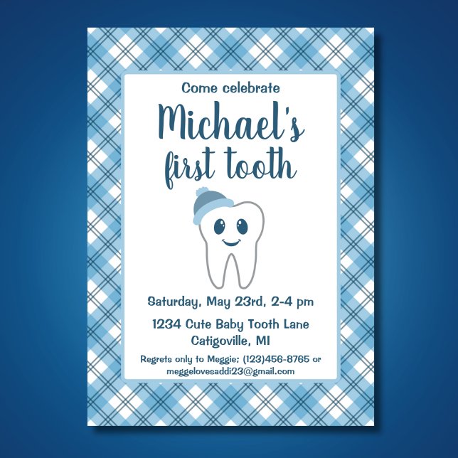 Cute Blue Plaid Baby Boy's First Tooth Party Invitation (Creator Uploaded)