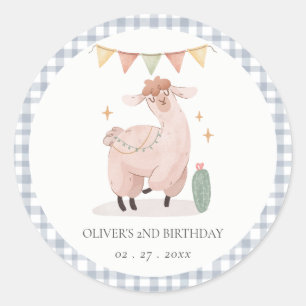 Cute Blue Plaid Cactus Boho Llama Any Age Birthday Classic Round Sticker