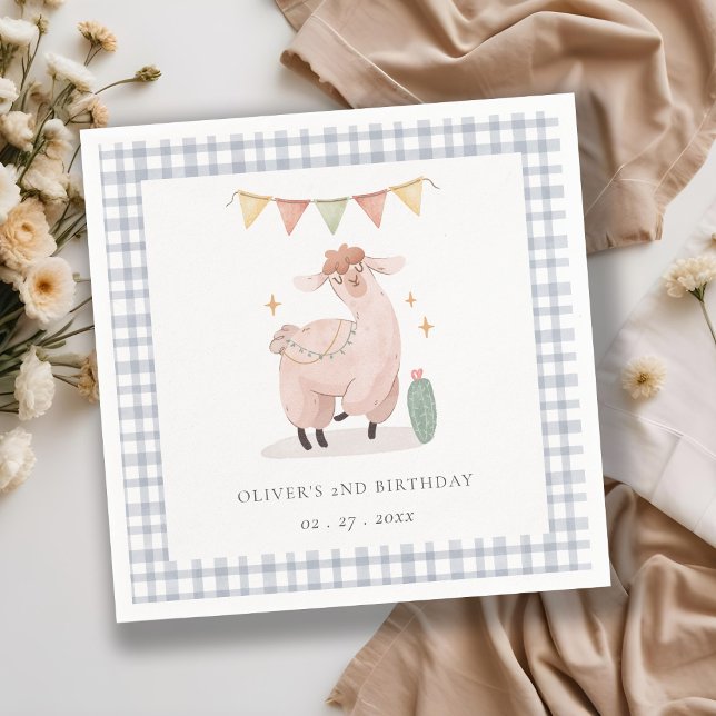 Cute Blue Plaid Cactus Boho Llama Any Age Birthday Napkins (Creator Uploaded)