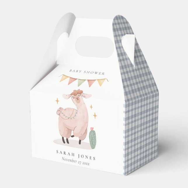 Cute Blue Plaid Cactus Boho Llama Baby Shower Favor Boxes (Front Side)