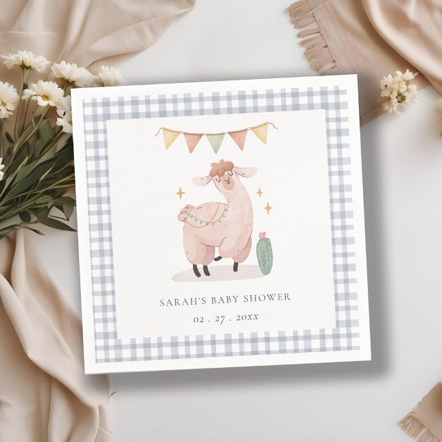 Cute Blue Plaid Cactus Boho Llama Baby Shower Napkins (Creator Uploaded)